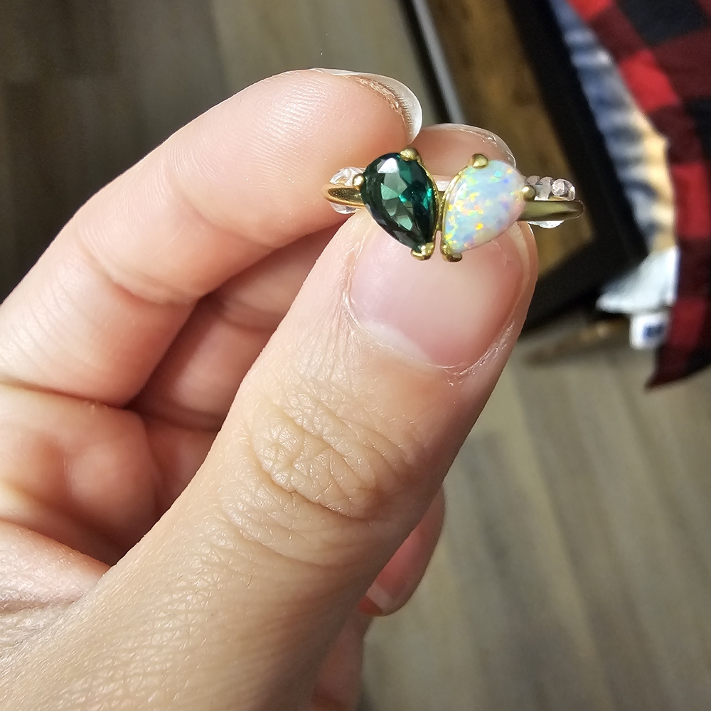 Heart-Shaped Green and Opal Ring
